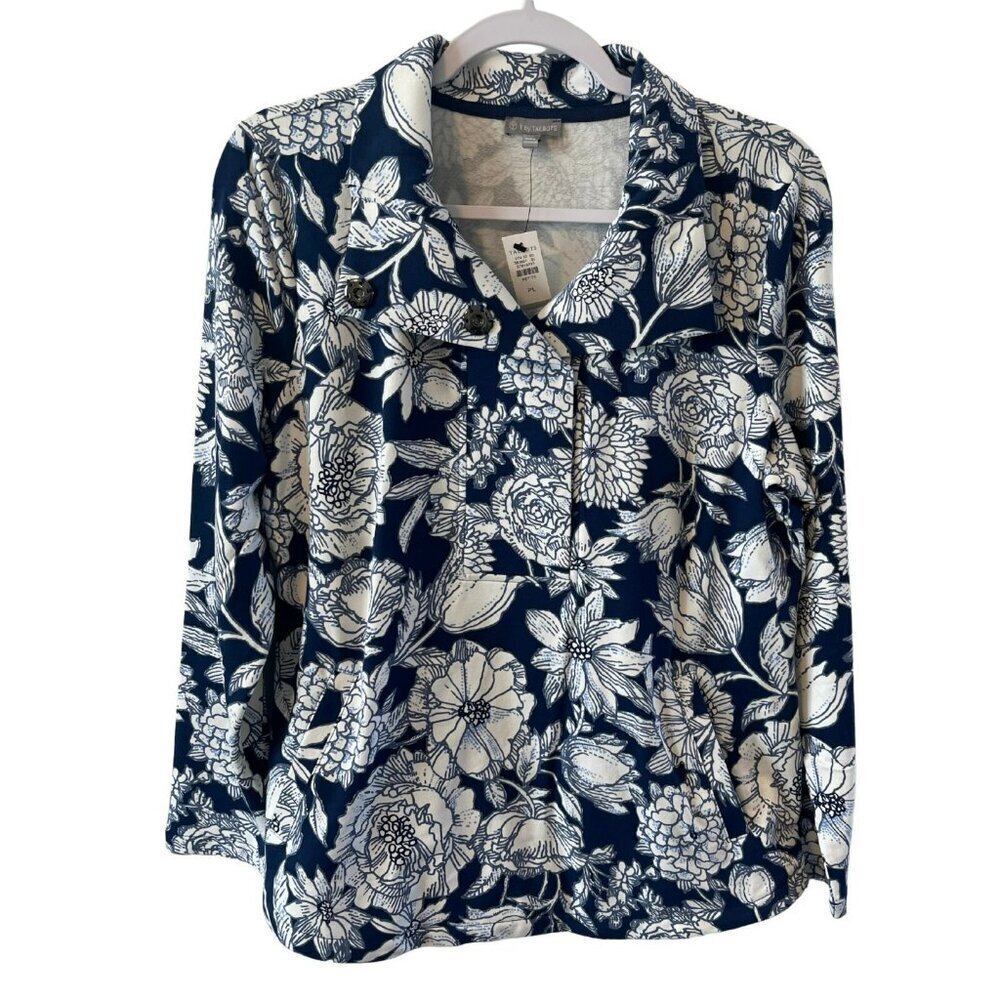 NWT Talbots Pull over Lightweight Jacket/ Top Navy White Floral LP Snap collar